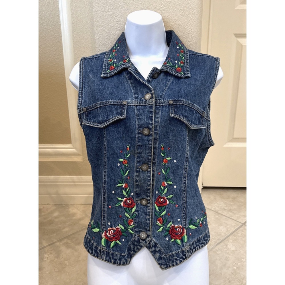 Vintage Embroidered Floral Denim Vest Festival Fairy Grunge Western Boho Size M